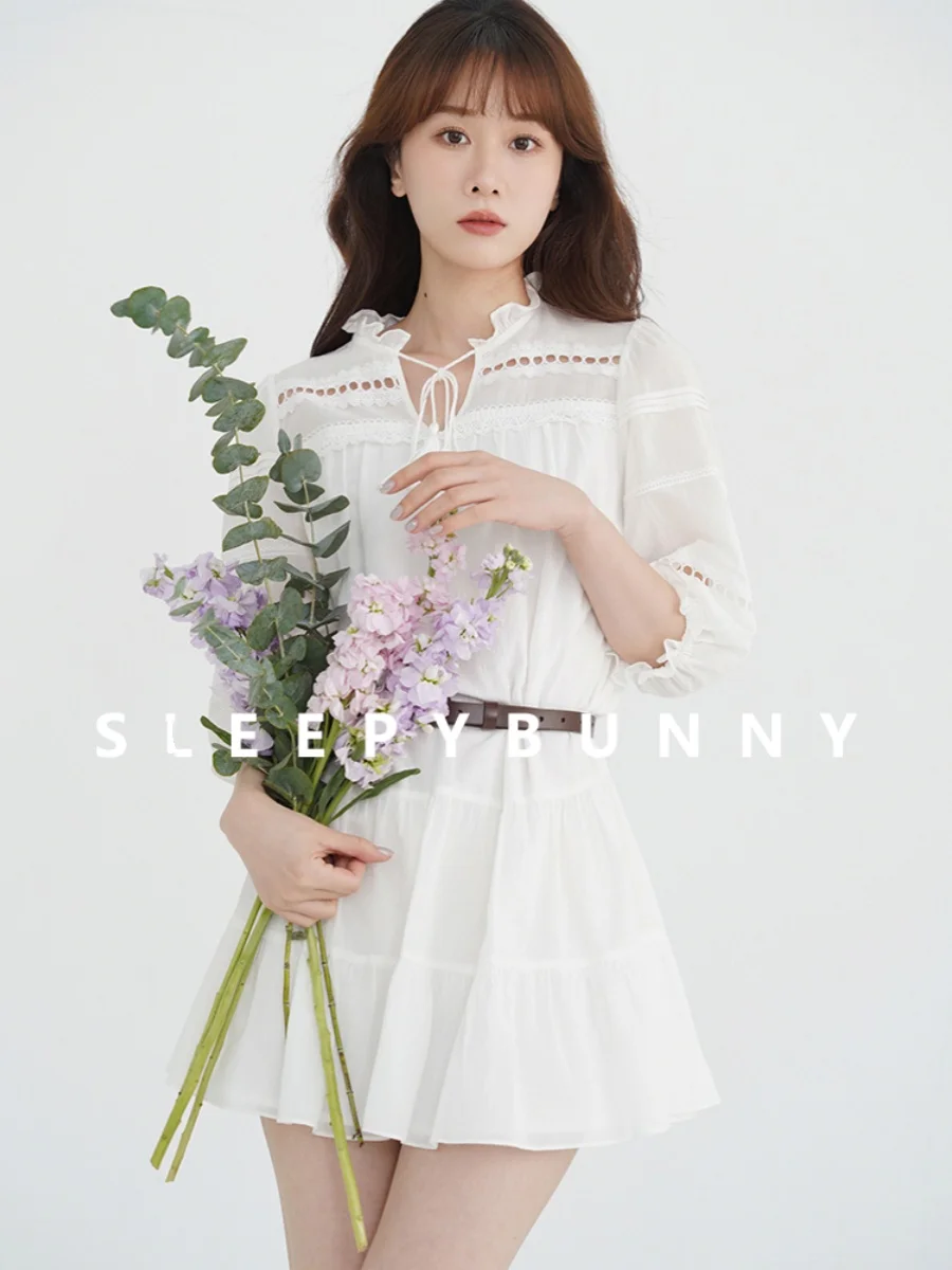 

Elegant White Puff Sleeve Mini Dress Women French Style Summer A-Line Short Dress Vintage Waist Slim Casual Outfit Daily Look