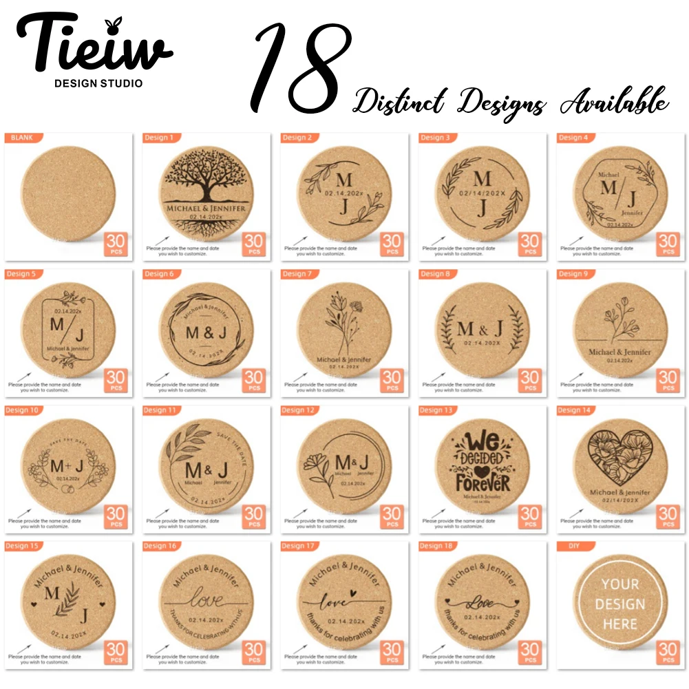 30pcs Personalized Cork Coasters-Tieiw Design-Wedding Favor for Guests Party Bridal Shower Corporate Engraved Coaster Gifts Bulk