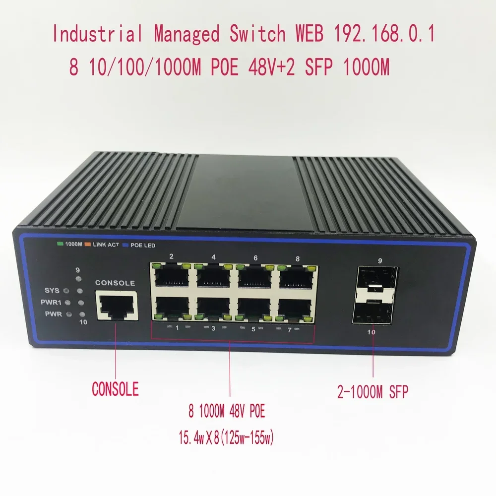 8 منافذ 1000 متر مفتاح POE صناعي 10/100/1000 متر 2SFP شبكة تبديل صناعية VLAN 192.168.0.1 مُدارة على الويب
