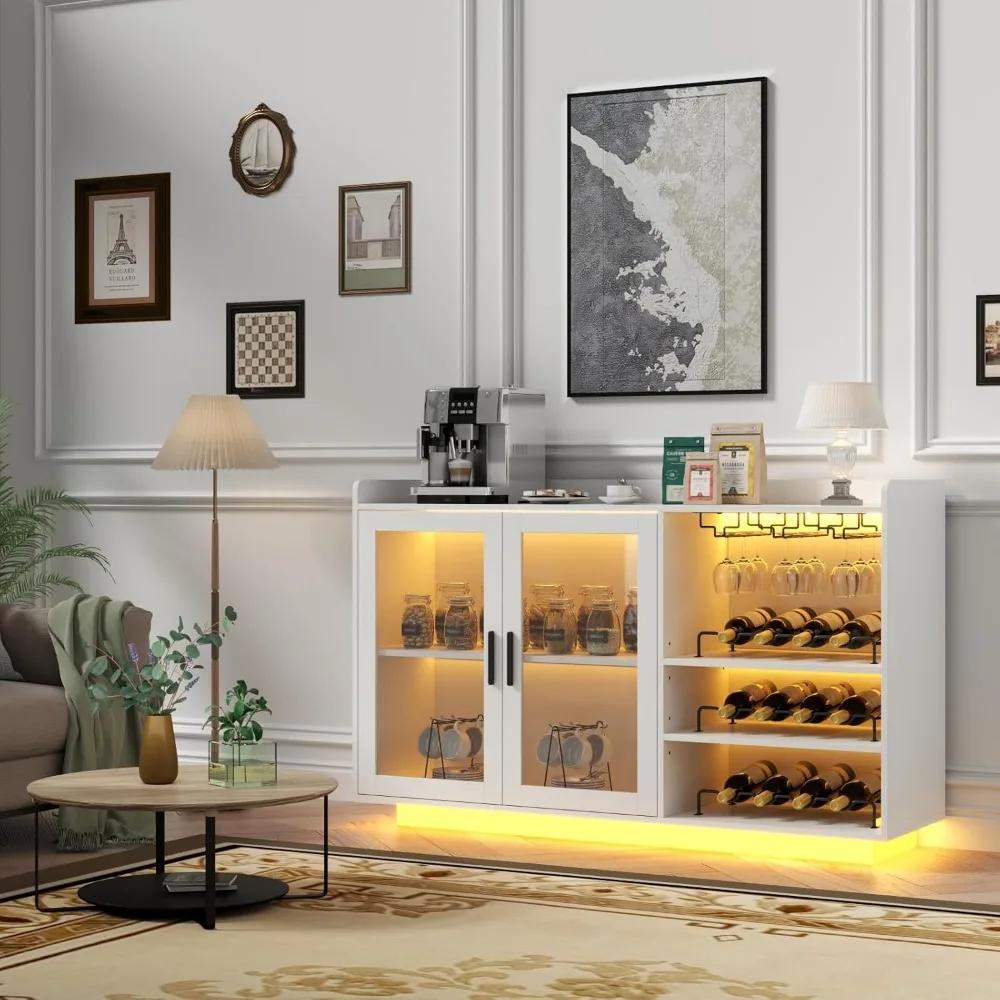 Kabinet Bar Anggur dengan Lampu, Bar Kopi Mengambang dengan Rak Kaca dan Rak Anggur yang Dapat Dilepas, Bufet Prasmanan Modern