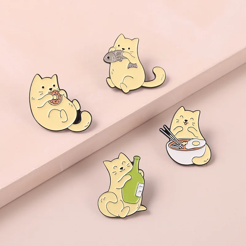 Cat and Fish Enamel Pins Cat Eating Food Donuts Noodle Badge Sweet Cute Pinback Buttons Accessories Animal Cat Lover Gifts
