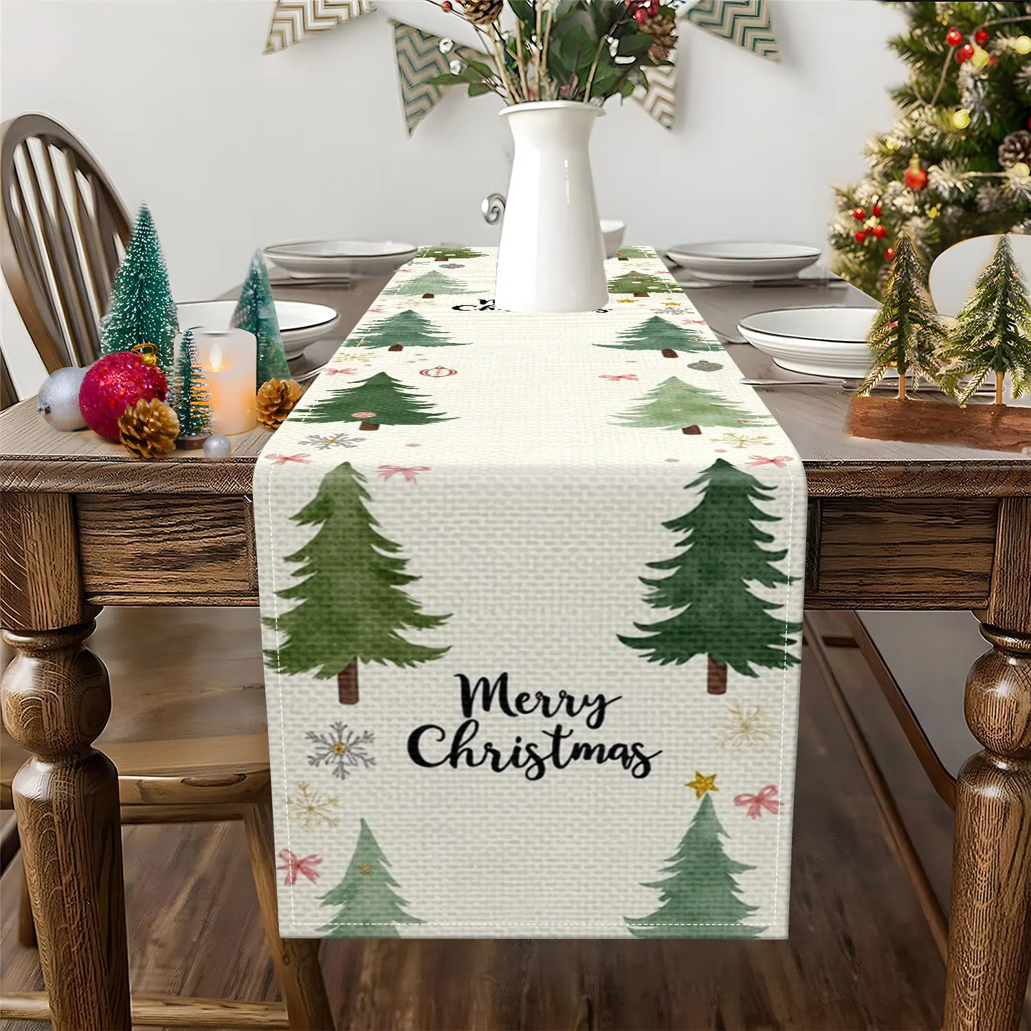 1 Piece of Christmas-Themed Table Runner, Featuring Watercolor Christmas Trees, Snowflakes, and Other Patterns, Suitable for Christmas Parties, Holiday Home Decorations, and Other Occasions