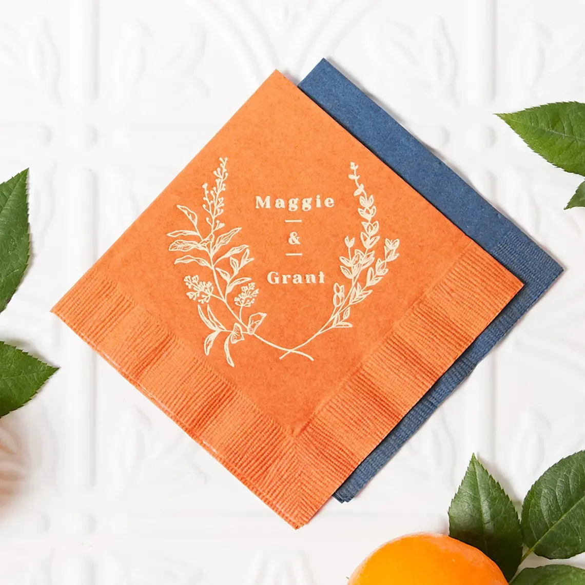 Personalized Wedding Cocktail Napkin - Floral Names - customized, Foil Stamped, Linen Like Party Napkins, Wedding and Bridal Sho