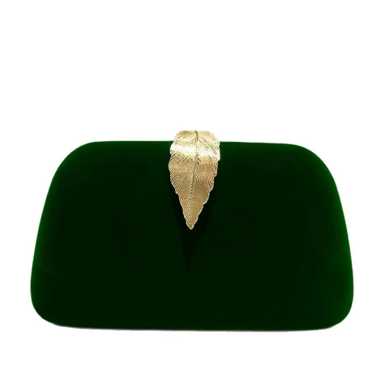 

Retro Dark Green Velvet Leaf Buckle Women's Bag Trendy 2025 New in Lady Fashion Evening Handbag Small Clutch Bag Emerald Purse