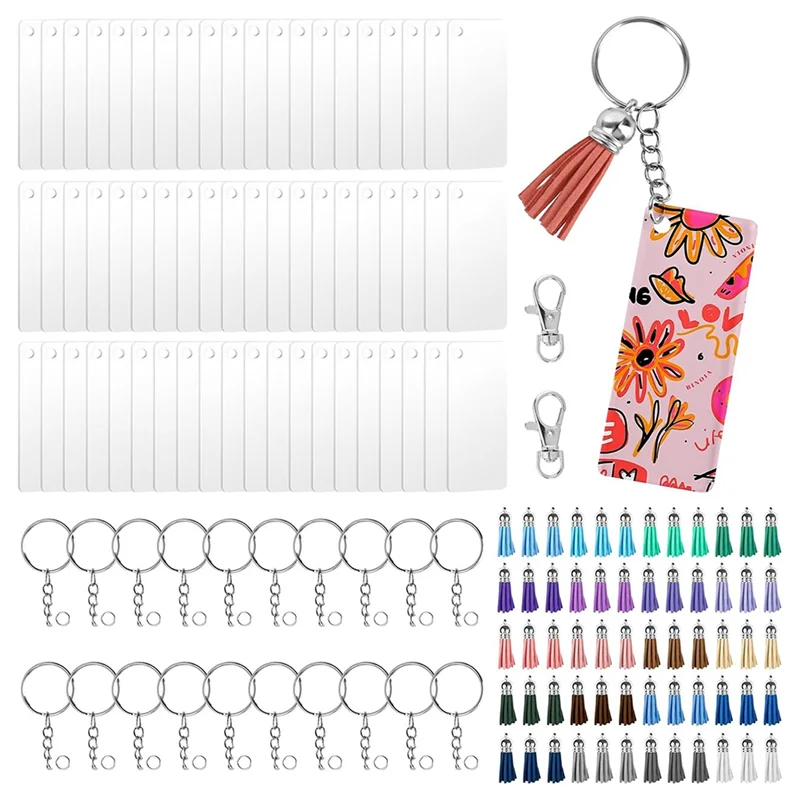 HGFLE-242 Pcs Sublimation Keychain Blanks Bulk, Double Sides 60 MDF Sublimation Keychains Blank With 60 Key Chains,Tassels