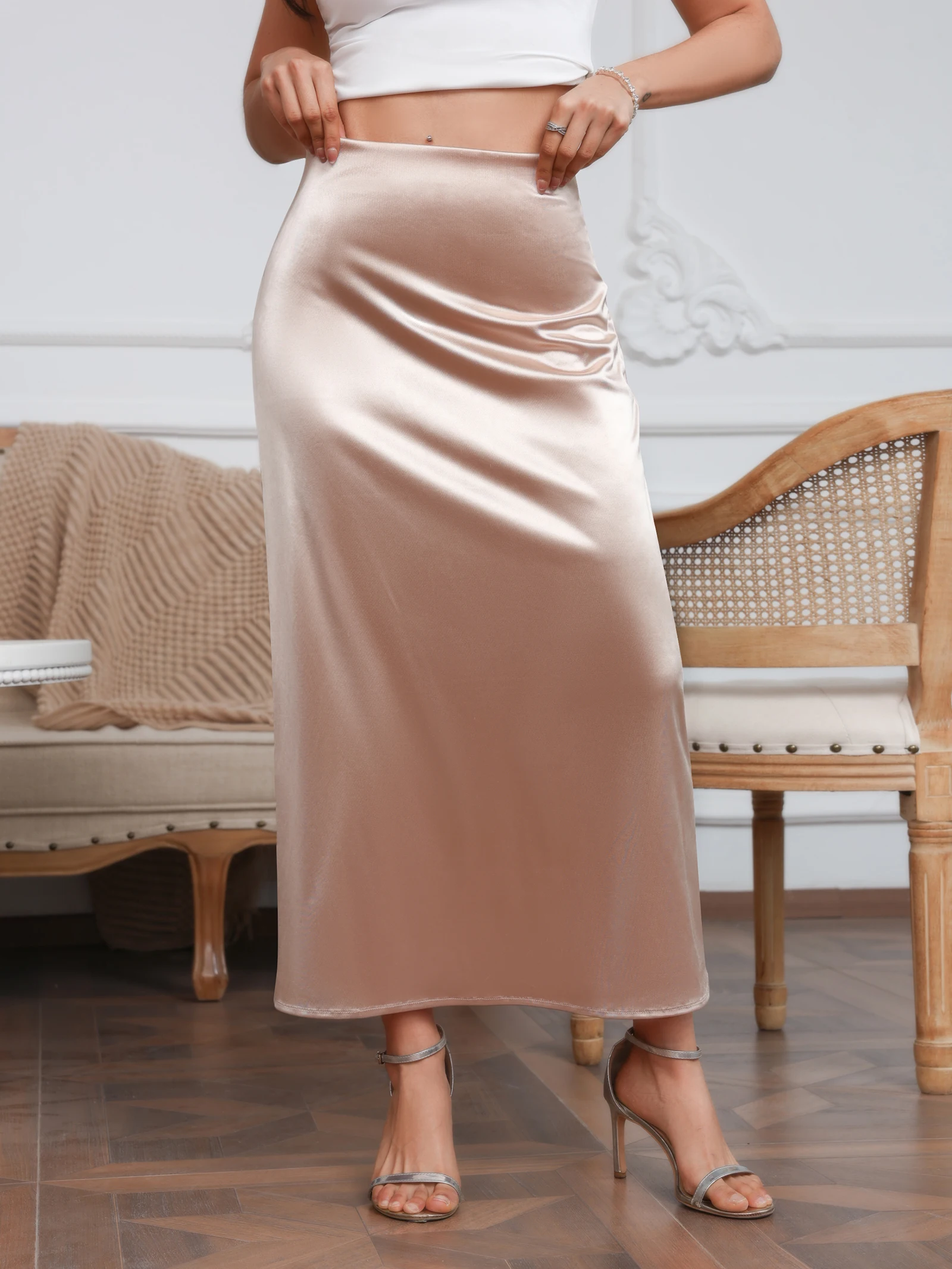 Lange Satin Halbe Röcke Für Frauen Vintage Einfarbig Elastische Hohe Taille Gerade Rock Midi Grundlegende Party High Street Weiblichen Rock