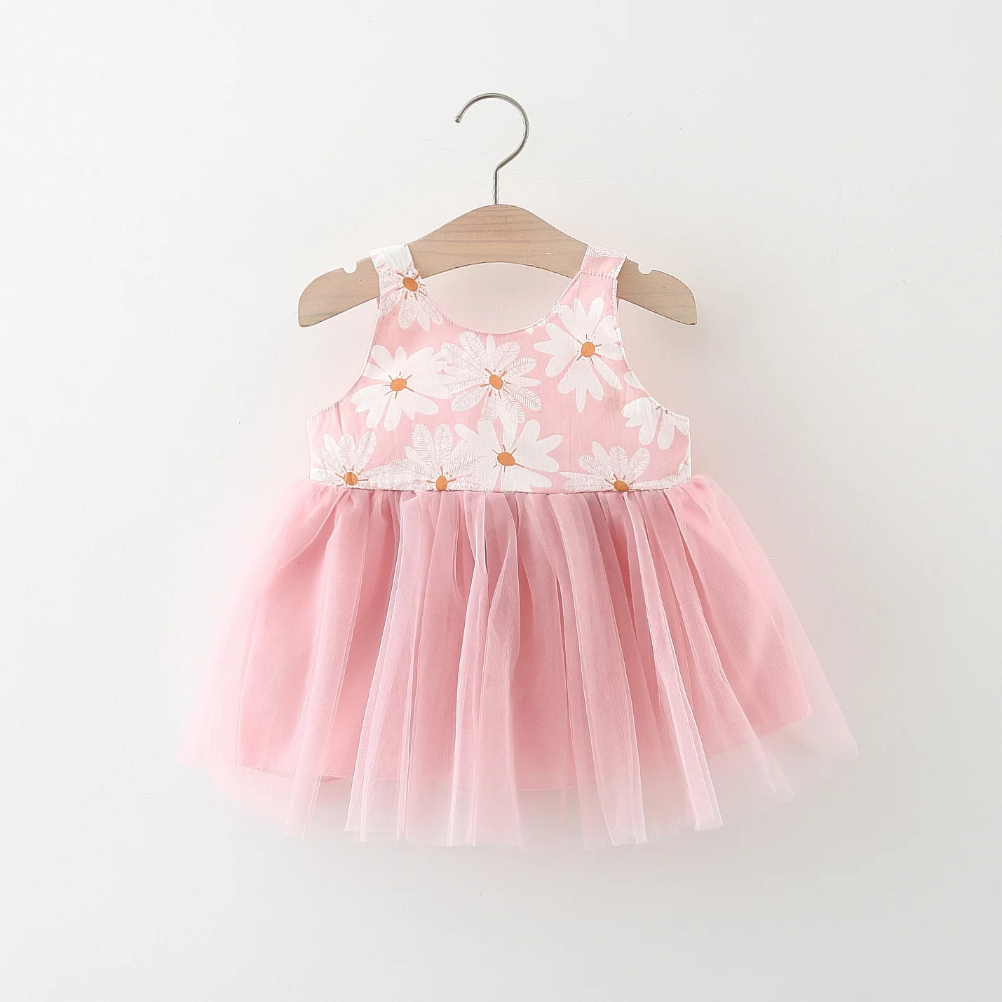 Summer girl baby dress newborn baby chrysanthemum print splicing mesh large bow sleeveless princess dress