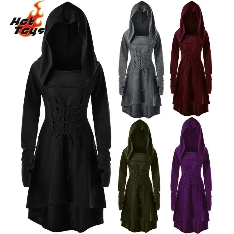 Hot Toys Medieval Renaissance Archer Costumes Hooded Vintage Womens Cosplay  Robe Lace Up Pullover Long Hoodie Dress Cloak