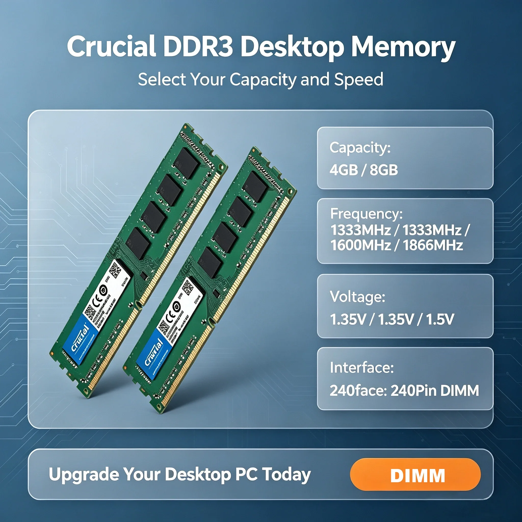 Crucial DDR3 DIMM Desktop Memory 4GB 8GB 1333MHz 1600MHz 1866MHz 1.35V/1.5V Computer RAM Module for Desktop PC System Upgrade