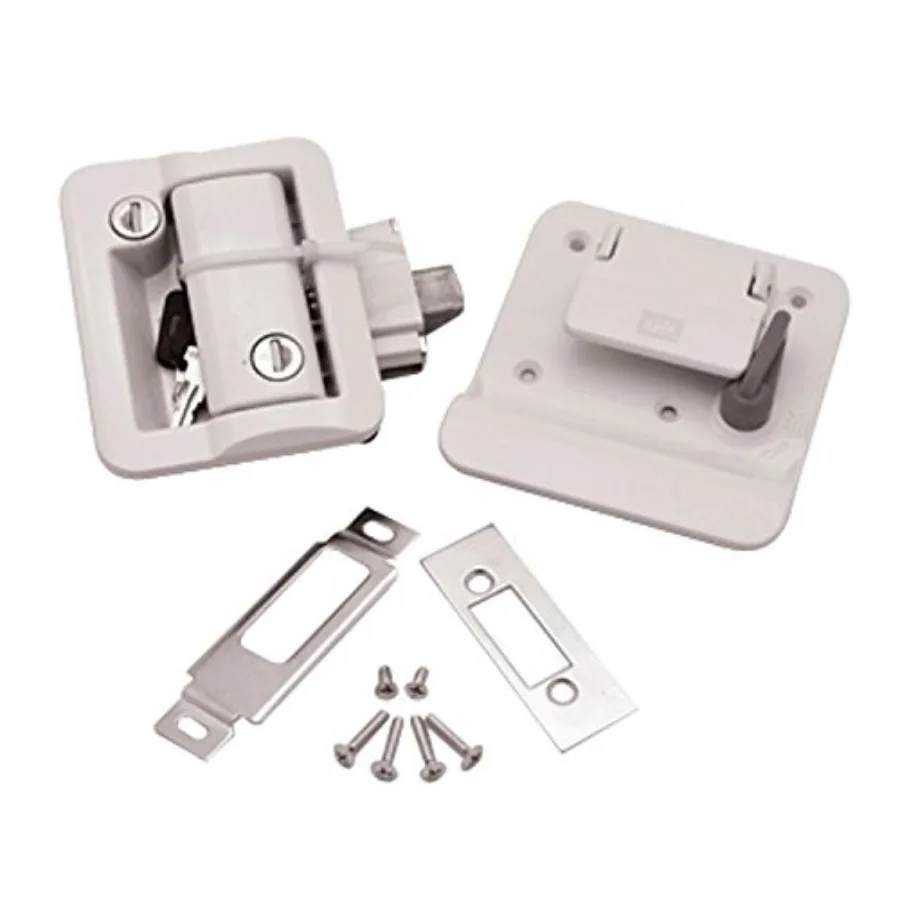 

Travel trailer lock with deadbolt for outdoor use, white ABS plastic, weather-resistant and tamper-proof