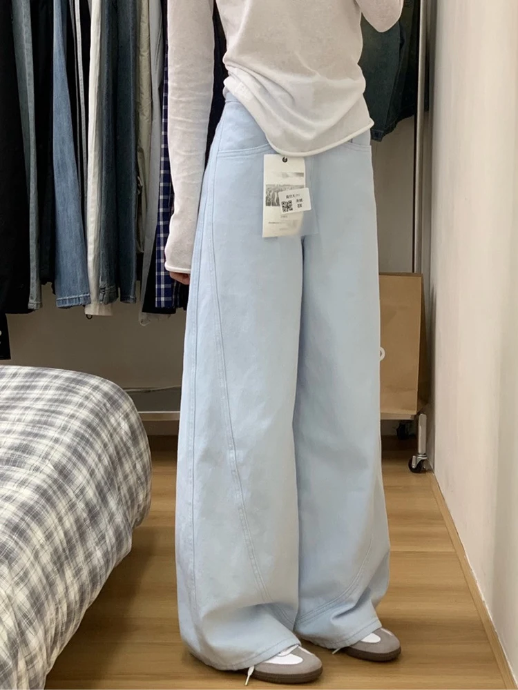 

Синие прямые широкие джинсы с высокой талией, женские весенне-осенние джинсы 2024, новые свободные утягивающие длинные брюки