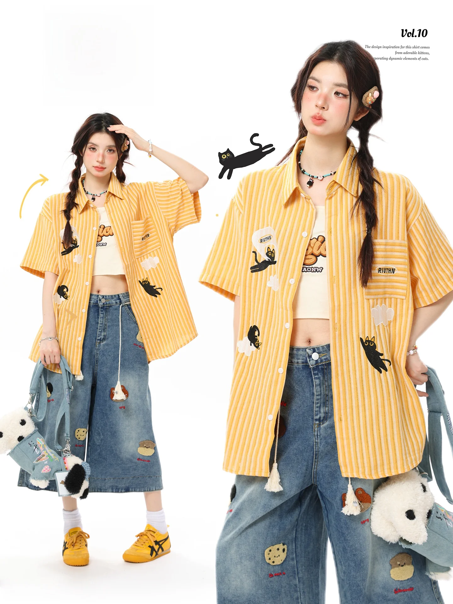 

AONW Американская ретро-блузка с полосками и мультяшной вышивкой, женская, с коротким рукавом, летняя, модная, в стиле lazy style