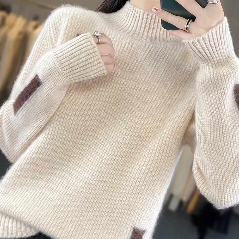 BELIARST 100% Merino Wool Women Clothes Half High Neck Thickened Sweater Color Matching Knitting Pullover Long Sleeve Casual y2k