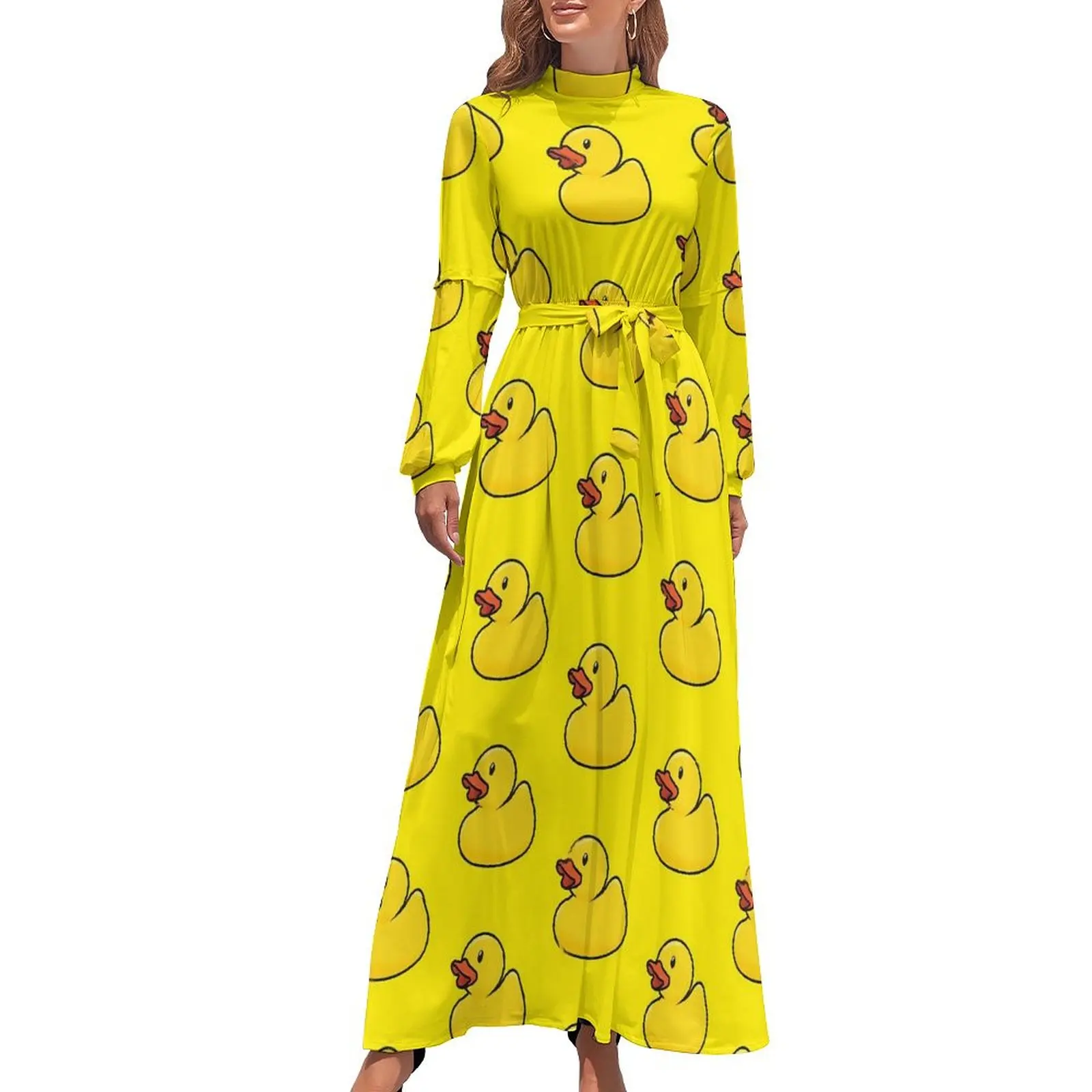 Rubber Ducks Print Dress Long-Sleeve Kawaii Animal Trendy Maxi Dress High Waist Korean Fashion Boho Beach Long Dresses Gift Idea