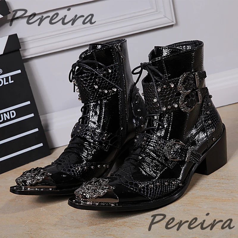 Punk Style Men's Short Boots Metal Buckle Rivet Genuine Leather Ankle Boots Black Pointed Toe High Heel Lace-Up Party Male Shoes