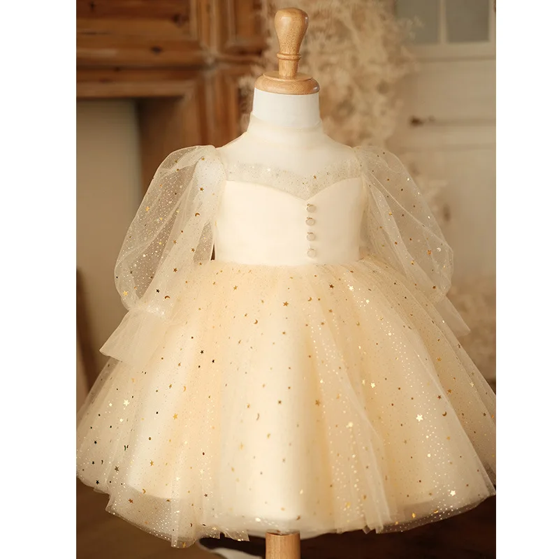 Baby Girl's First Birthday Dress2025New Long Sleeve Fairy Girl Piano Performance Puffy Tulle Dress