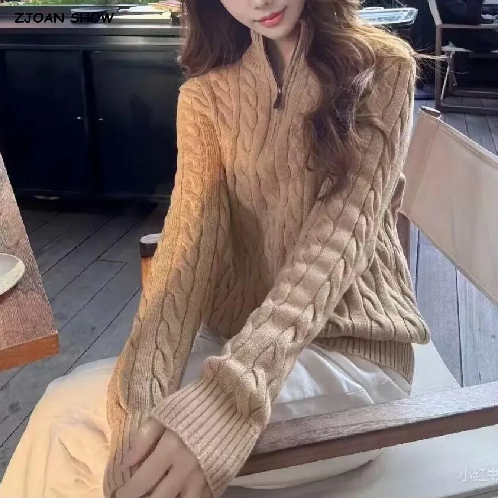 

New 2025 Autumn Winter Women Open Zipper Half High Collar Twist Knitted Sweater Long Sleeve Jumper Short Knitwear 5 colors Khaki