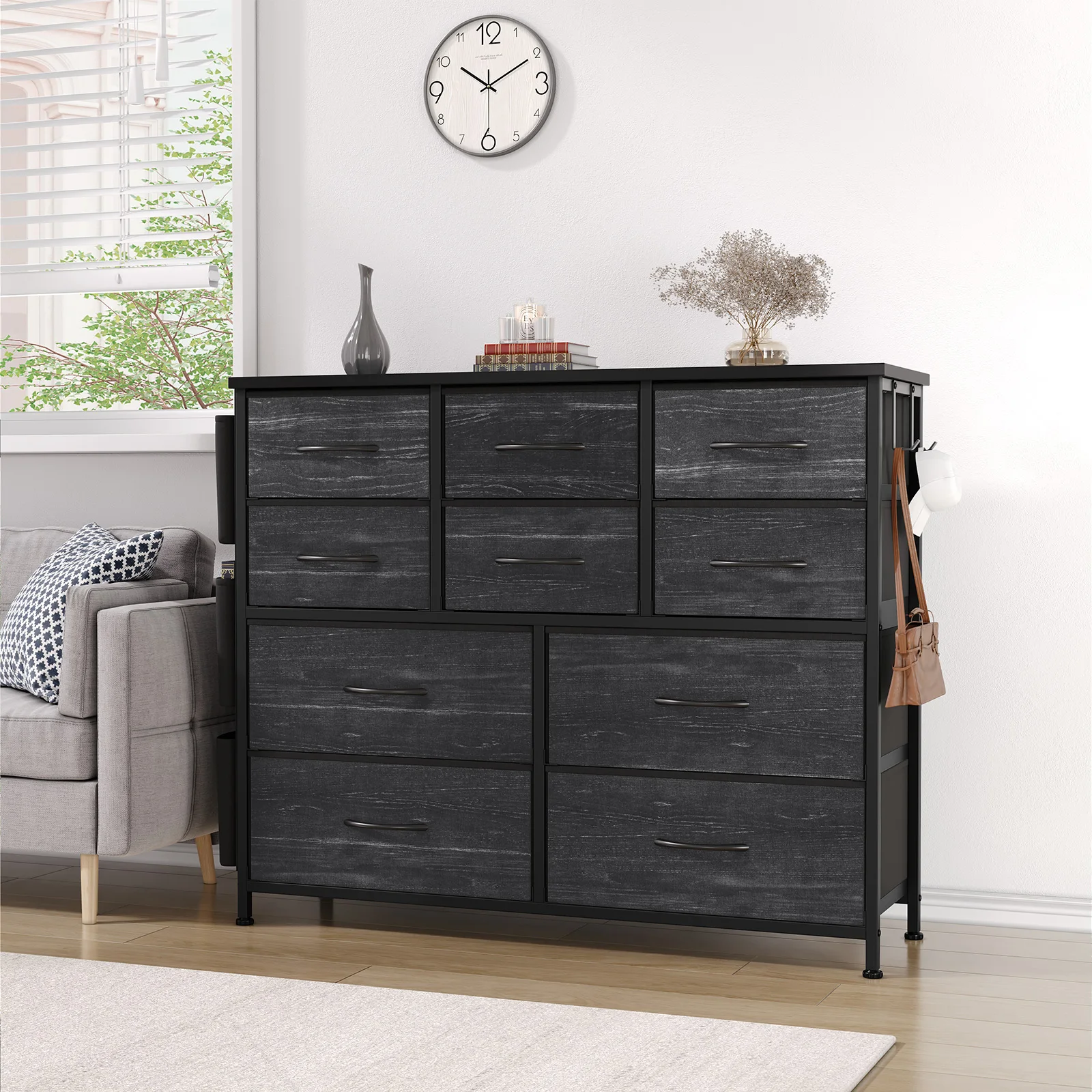 10 Drawers Dresser for Bedroom Storage Tower Tall Night Stand with Storage Shelf Fabric Chest of Drawers Bedside Table