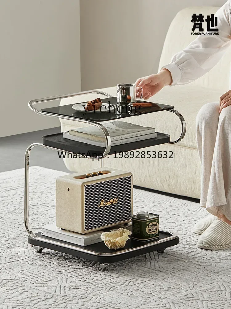 ZZ  movable square glass coffee table trolley with wheels living room bedside sofa corner table