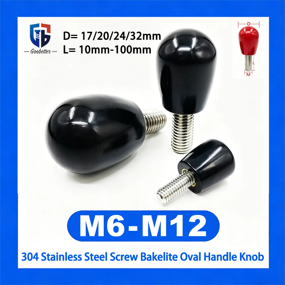 

1Pcs Bakelite Oval Handle Knob M6 M8 M10 M12 304 Stainless Steel Cylindrical Hand Tight Screw