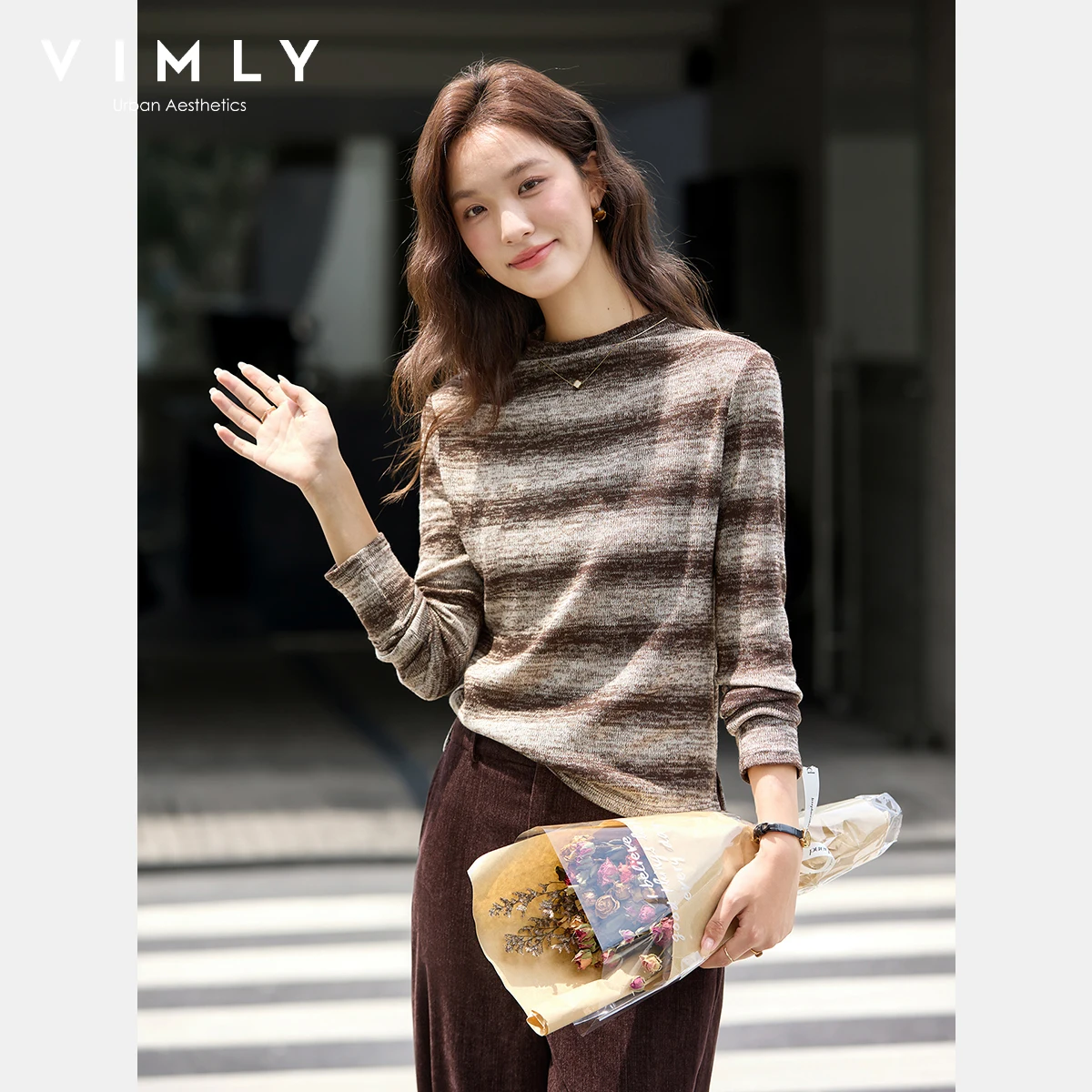 VIMLY Vrouw Bruin Gestreepte T-shirts Herfst 2025, Casual Gebreide Top Met Lange Mouwen, Elegant Gebreide Half Coltrui Dames Tees A3201