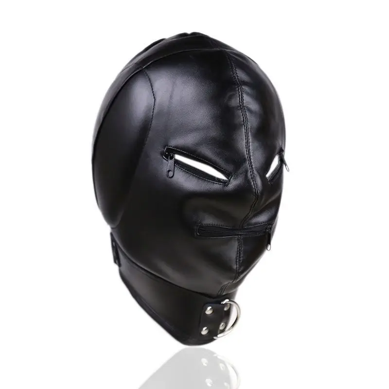 

PU Leather Thickening Head Masks Funny Drawstring Sexy Men Face Cover Carnival Party Games Cosplay Adult Unisex Mask Zipper Open