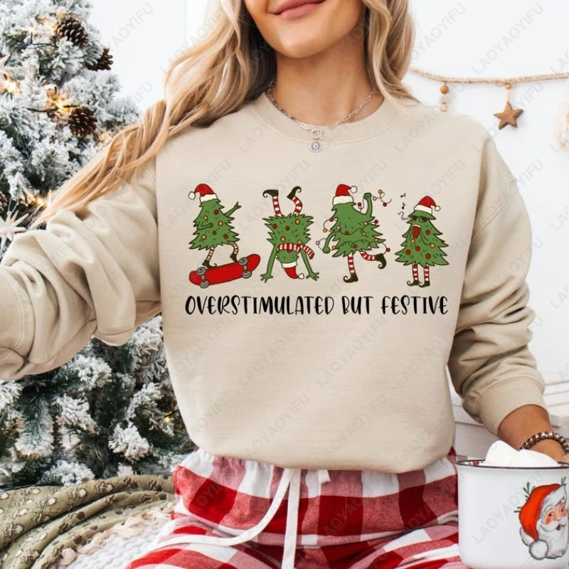 سويت شيرت كبير الحجم مطبوع عليه شجرة عيد الميلاد الاحتفالية للجنسين، مضحك ميمي ريترو كاجوال هودي شتوي بتصميم بسيط ورقبة دائرية #6