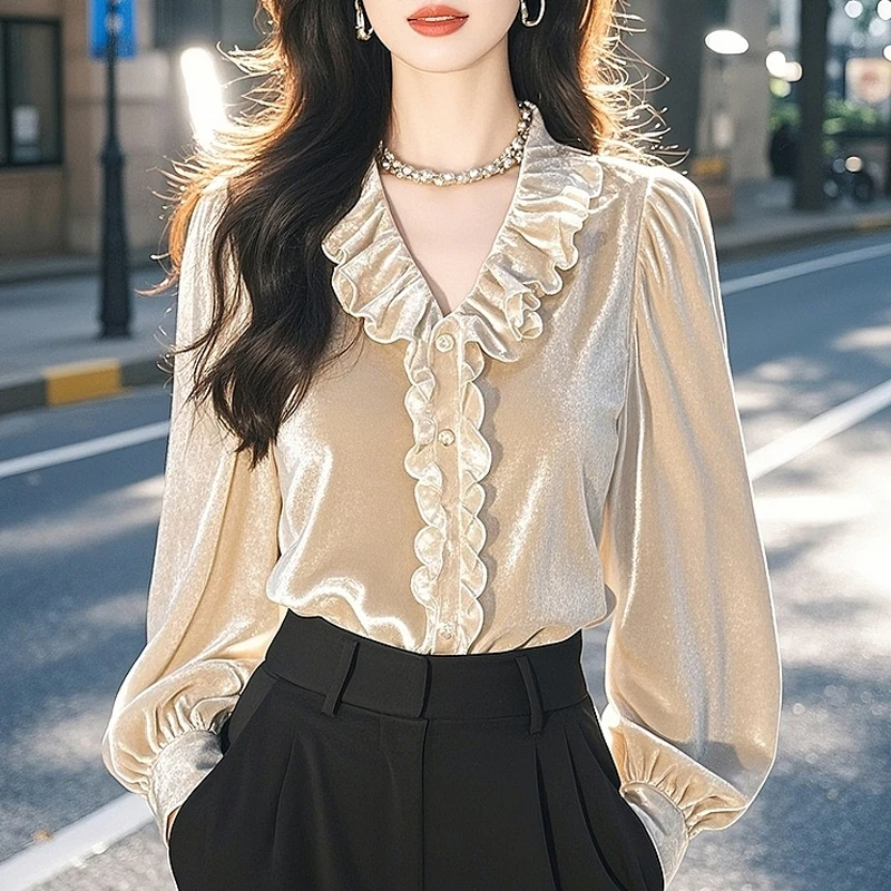 2024 Autumn Winter Casual Clothing Noble Luxury Velvet Top Apricot Lantern Sleeve Pullovers Blouse Retro Women Blouse