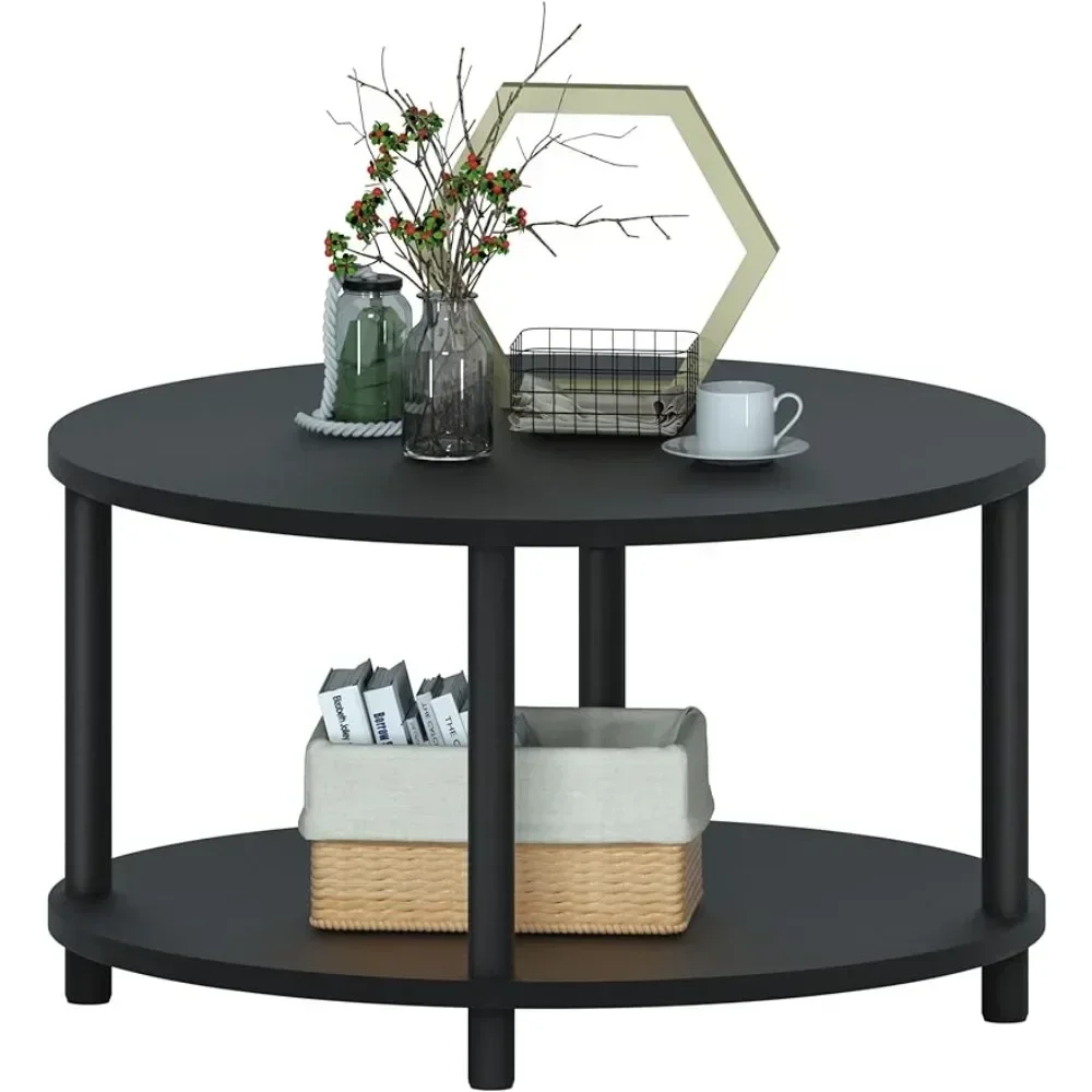 

31.5“ 2 Tier Black Wooden Coffee Table With Open Storage Shelf for Office/Reception Room Easy to Assemble Sturdy Metal Legs Side