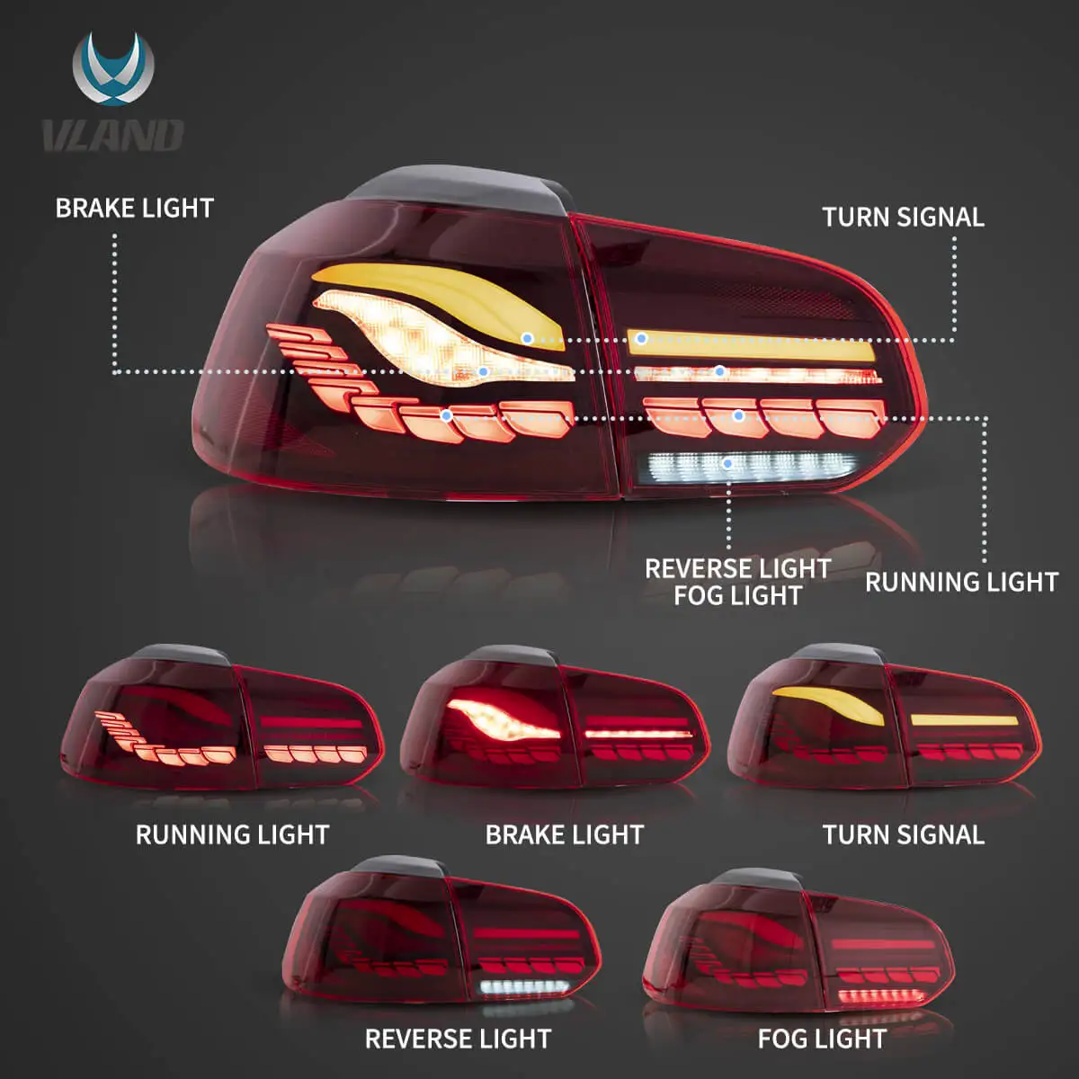 08-14 Golf 6th Gen Mk6 Hatchback Vland II OLED Tail Lights With Dynamic Welcome Lighting (GTS Style)