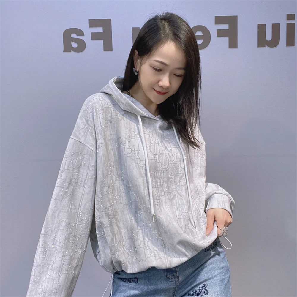 Otoño Invierno de manga larga para mujer suéteres con capucha moda patrón de letras diamantes sudaderas sueltas jerseys ropa de mujer