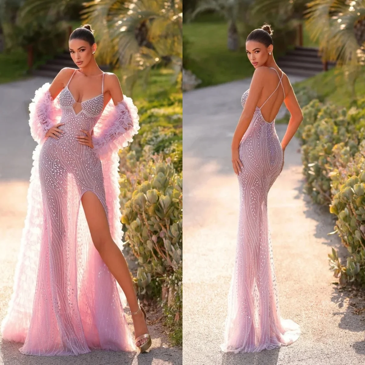 

Iluusion Spaghtti Straps Evening Dresses Beaded Lace Backless Mermaid Prom Dress Customized Floor Length Side Slit Party Gown
