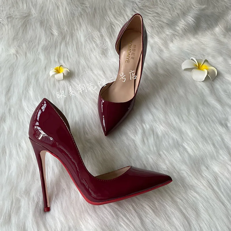 2023 Hot Sale New Designer Elegant Woman Shoes Wine Patent 120mm Sexy Office Lady High Heel Shoes Pump Small Plus Size 46, 33