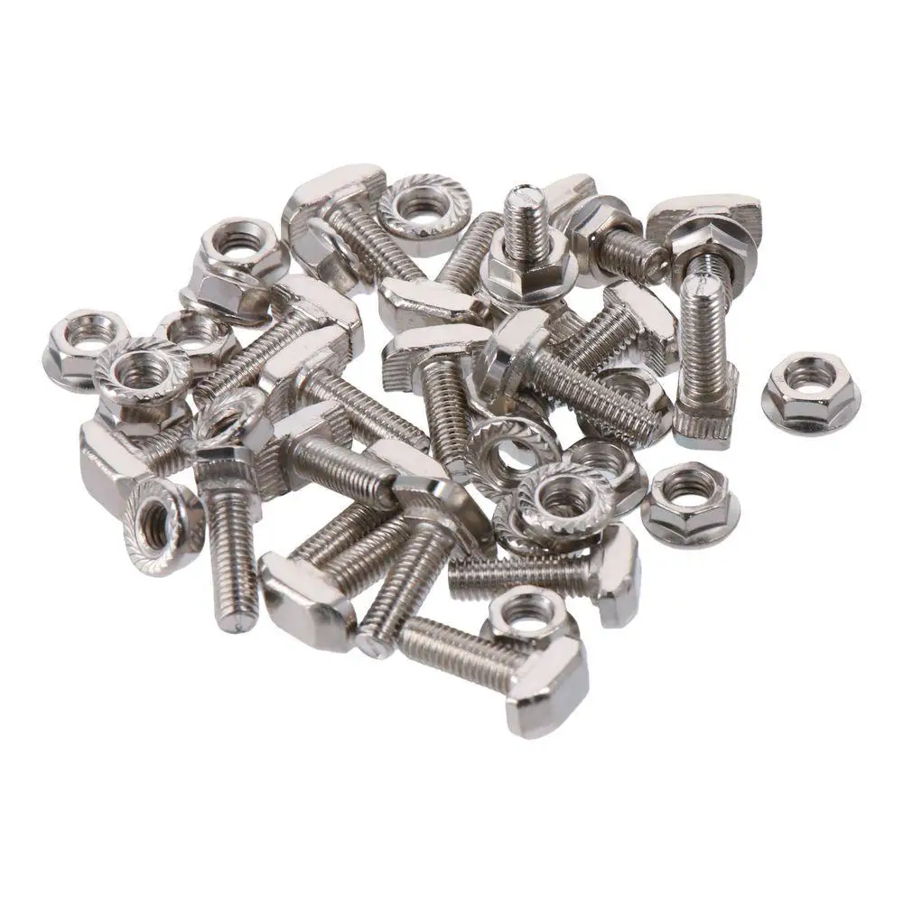20 Sets Silver T Slot Drop-in Bolt Flange M6x20mm T Shape Stud Sliding Screw Carbon Steel Hex for 30 Series Aluminum Profile
