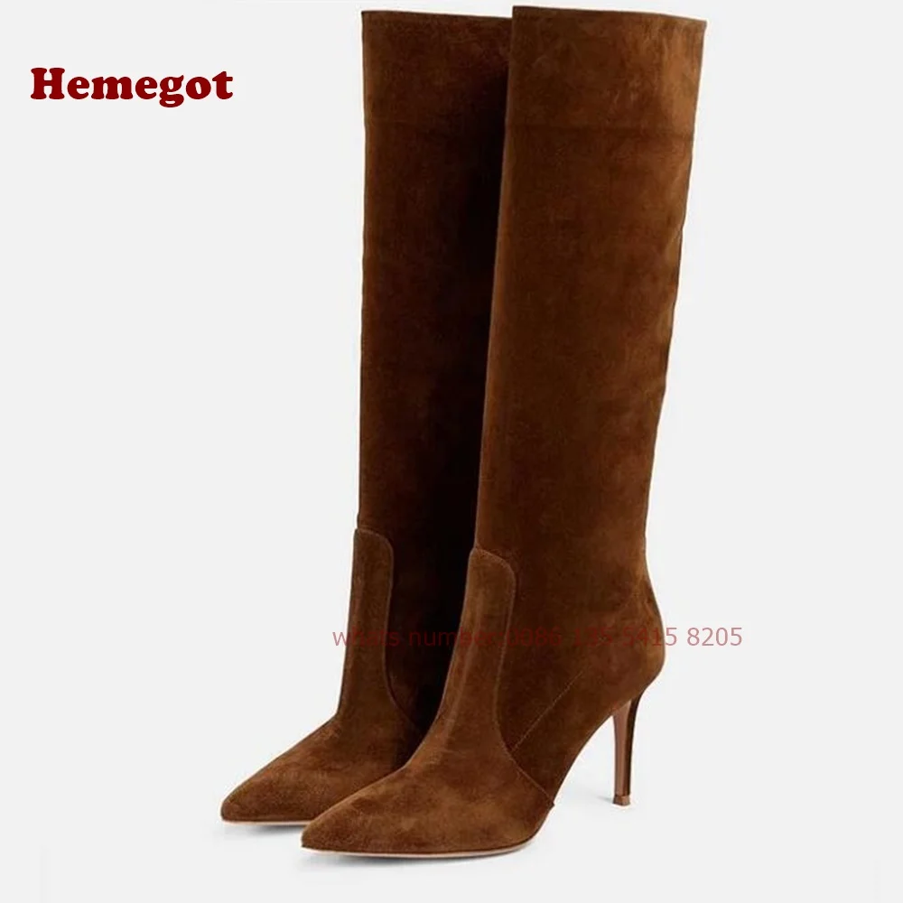 Brown Vegan Suede Wide Calf Knee High Boots with Stiletto Heel Pointy Toe Slip On Women\'s Boots Warm Winter Casual Shoes Sexy