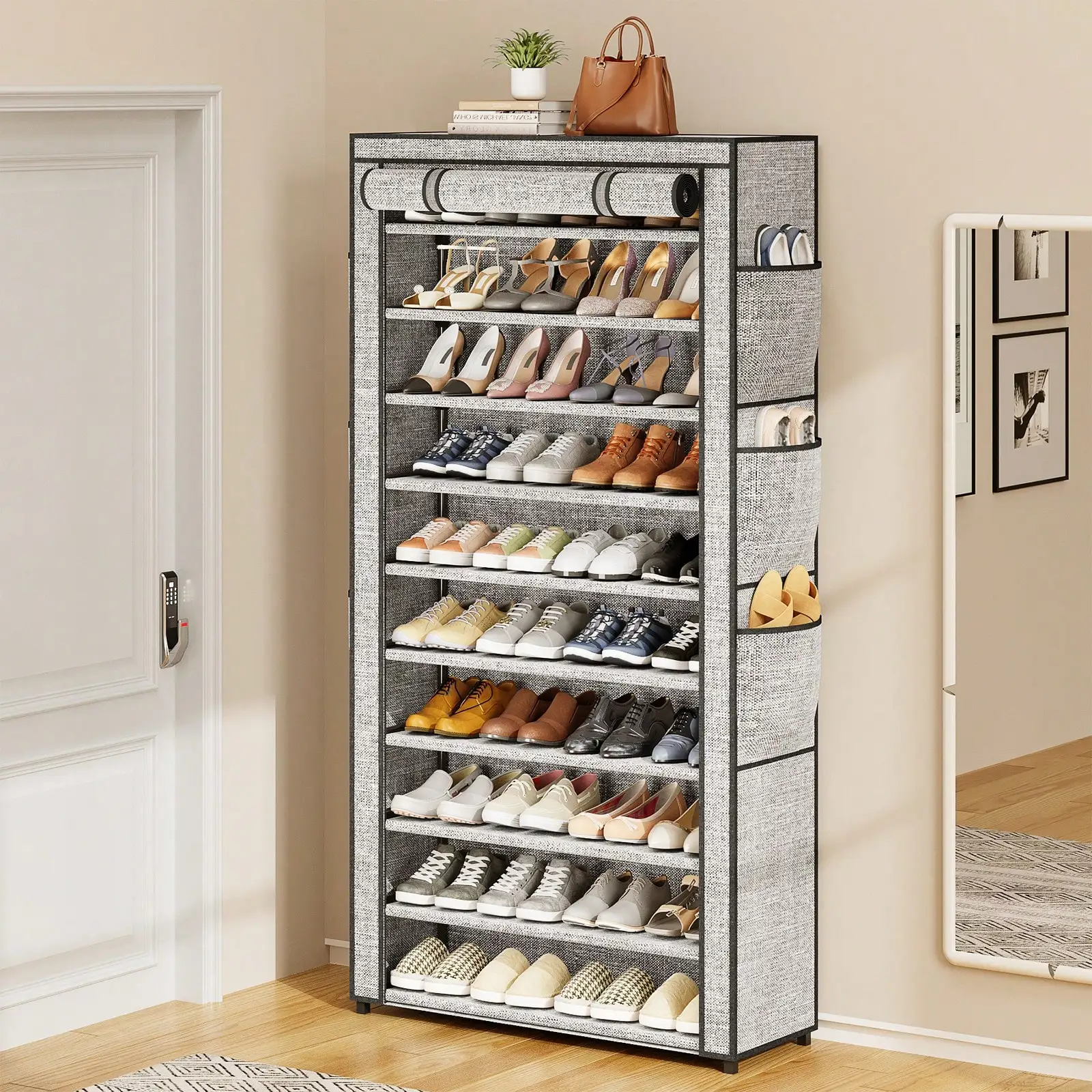 

10 Tier Shoe Rack, Grey/Black Shoe Cabinet, Large Capacity 50-56Pairs Beautiful Tall Shoe Shelf Free Standing Storage Cabinet