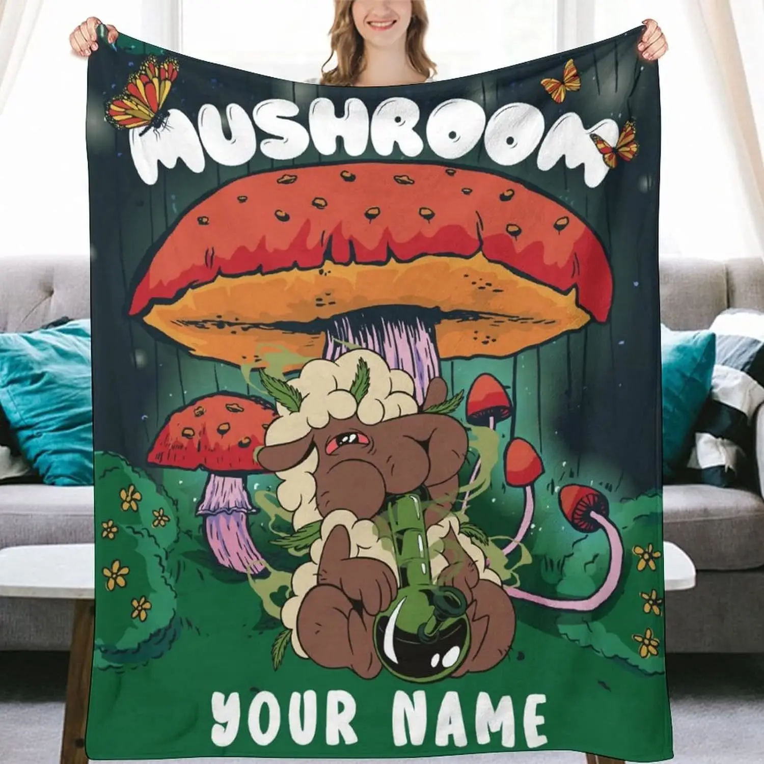 Customized Mushroom, Hemp, and Weed Blanket with Name - Men's and Women's Dual Size Blanket - Bed, Soft Flannel Blanket