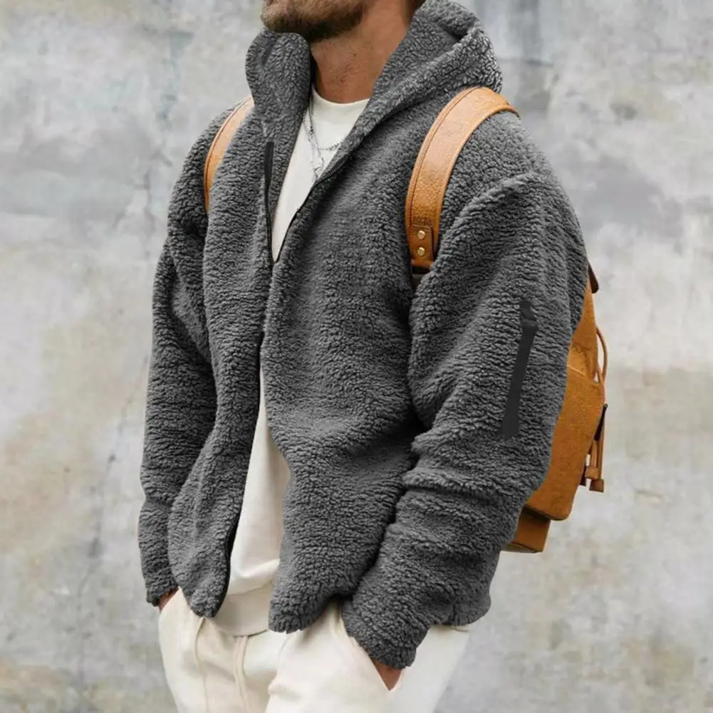 Hoodie with Side Pockets Men Winter Hoodie Cozy Hooded Men\'s Winter Coat Thick Plush Zipper Closure Soft Pockets Warm Cold