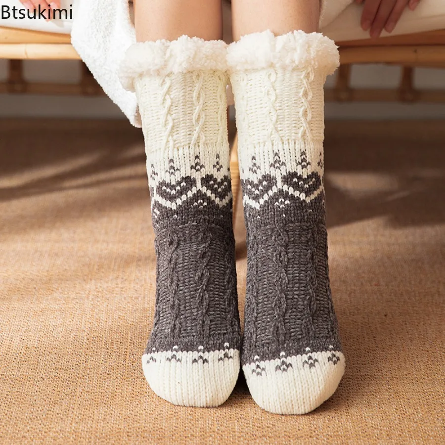 2025 Calzini termici in cashmere intrecciato invernale ispessito da donna Calzini da pavimento Tappeto Home Plus Calzini da notte in velluto Pantofole Coprigambe