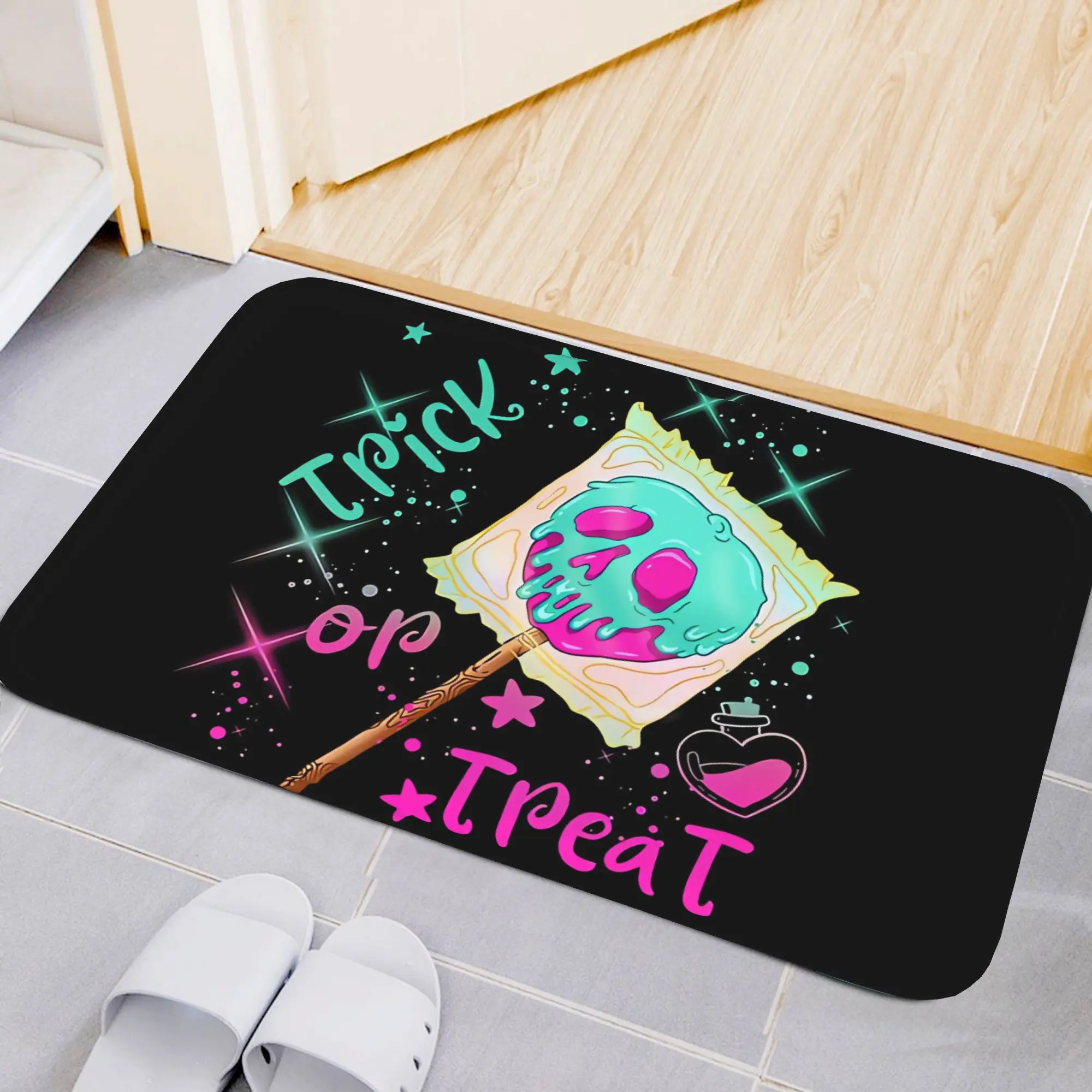 VIKAMA Trick Or Treat Halloween Doormat,Non‑Slip Floor Mat,Skull Lollipop Magic Bottle Star Print Rug for Entryway Home Decor