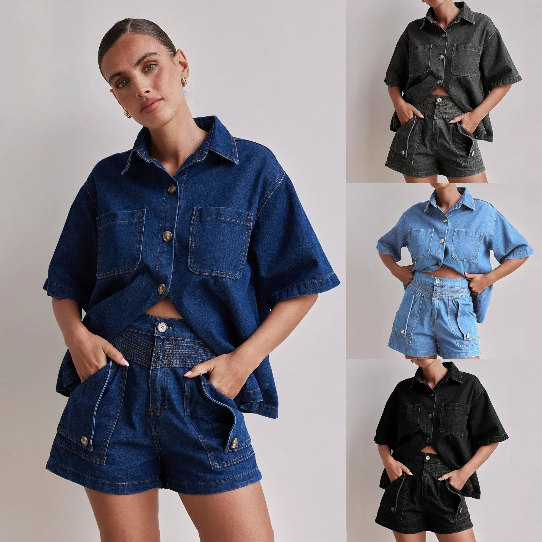 デニムショーツスーツ女性ストリート 2 点セットシャツコートショートパンツアンサンブルシングルブレストラペルジーンズユーズド加工衣装