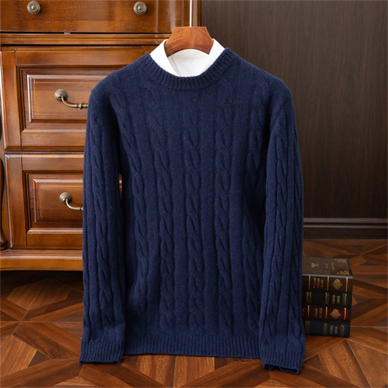 24 Autumn/Winter New Arrivals 100% Pure Cashmere Sweater Men's Round Neck Double Strand Thickened Twisted Flower Swe Loose Warm