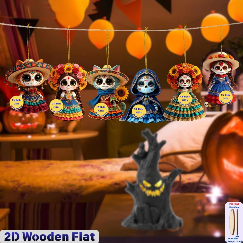2D Flache Holz-Süßigkeiten-Totenkopf-Hängeornamente für Halloween, Tag der Toten, Weihnachten, Schulanfang, Zuhause, Büro, Klassenzimmer, Auto, Schlüsselanhänger – Detail 4