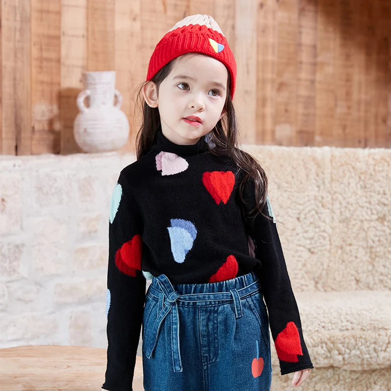 100% Cashmere Christmas Knitted Sweaters Winter Clothes For Girls Sweet Heart Printed 2yrs 10T Baby Girl Clothing Black Pullover