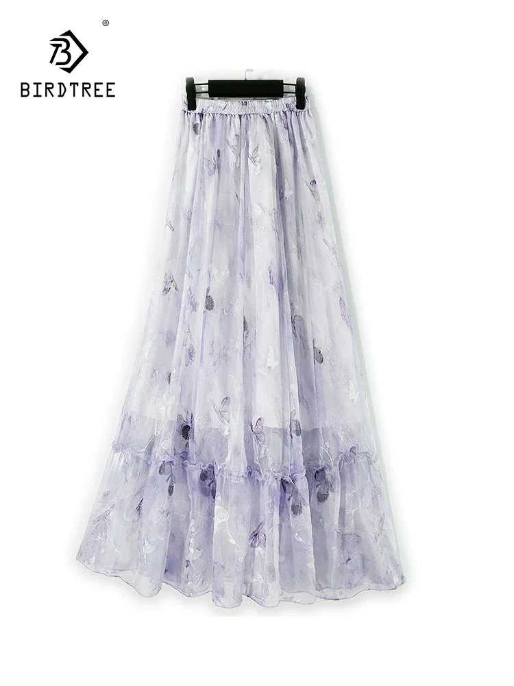 

BirdTree-Silk Elegant Skirts, Elastic High Waist Embroidery, Women Retro Beach Vacation A-line Skirt, 2025 Autumn New B5O944CC