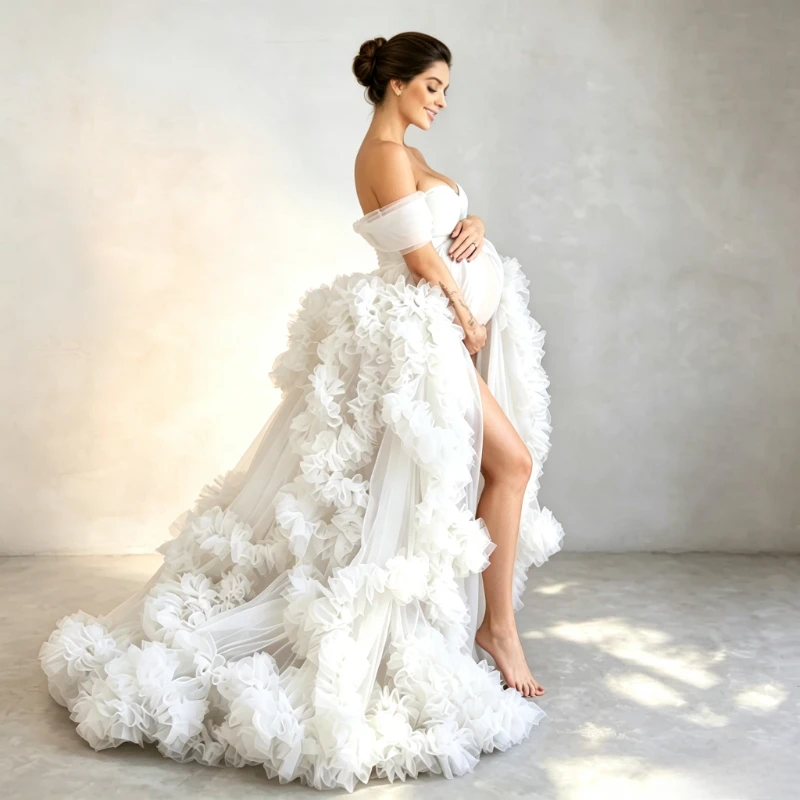 Maternity Photoshoot Dress Off Shoulder 3D Ruffled Tulle Gown Long Train Baby Shower Pregnancy Photo Studio Costume baby shower - view 4