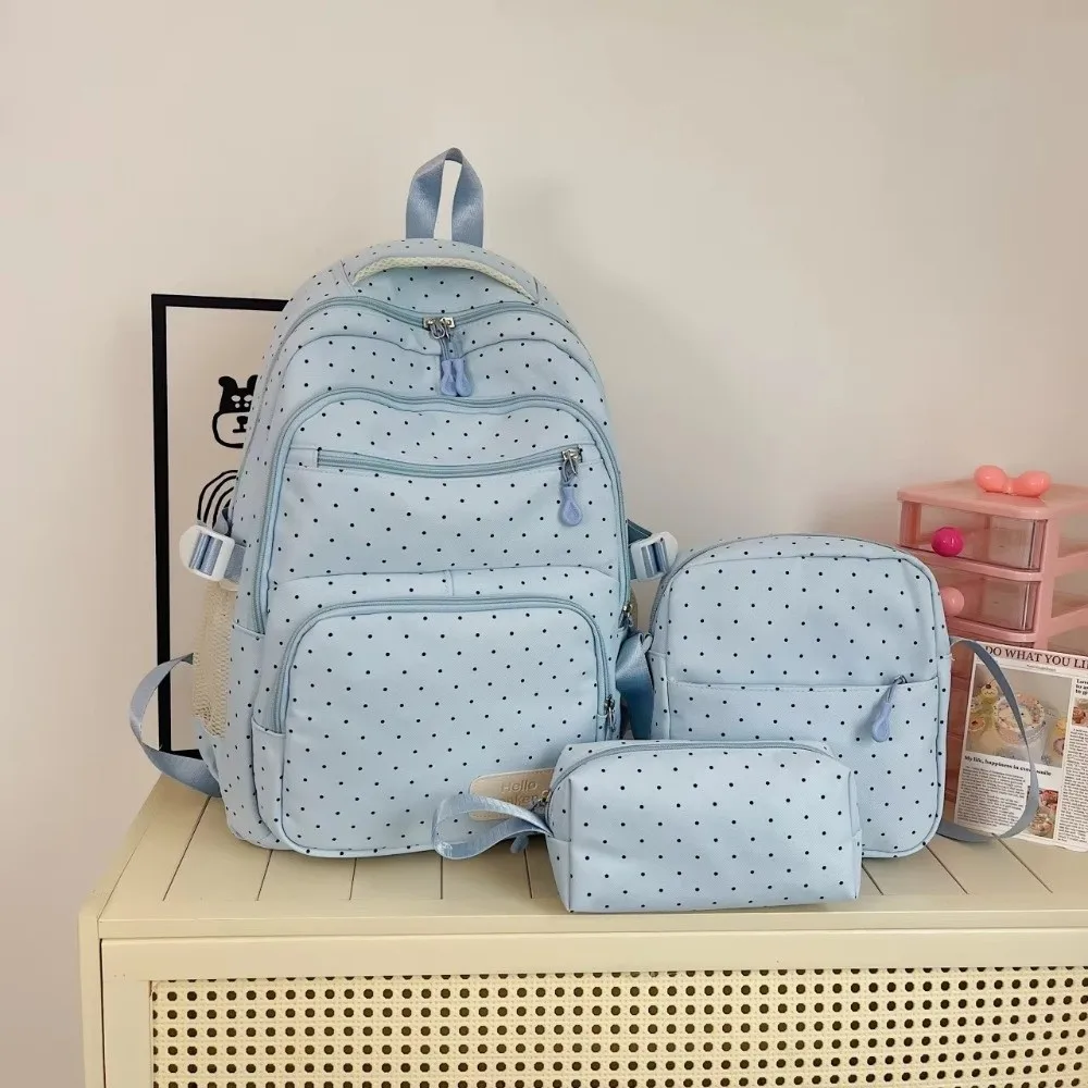 Nylon Polka Dot Backpack Set Stationery Storage Multi Compartment Girls Backpack Set Zipper Closure Student Backpack School Use