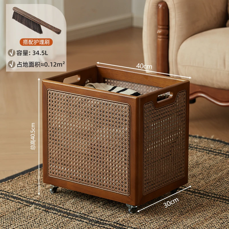 Solid wood rattan storage basket with cover, dustproof clothes finishing, large-capacity sundries storage basket, removable toy