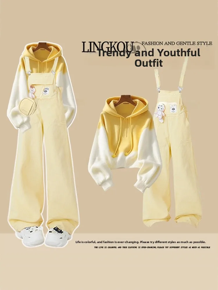 

Большой размер, осенний комплект в консервативном стиле, женская мягкая уютная толстовка с капюшоном, милый утягивающий джинсовый комбинезон, комплект из двух предметов, повседневный свободный трикотаж