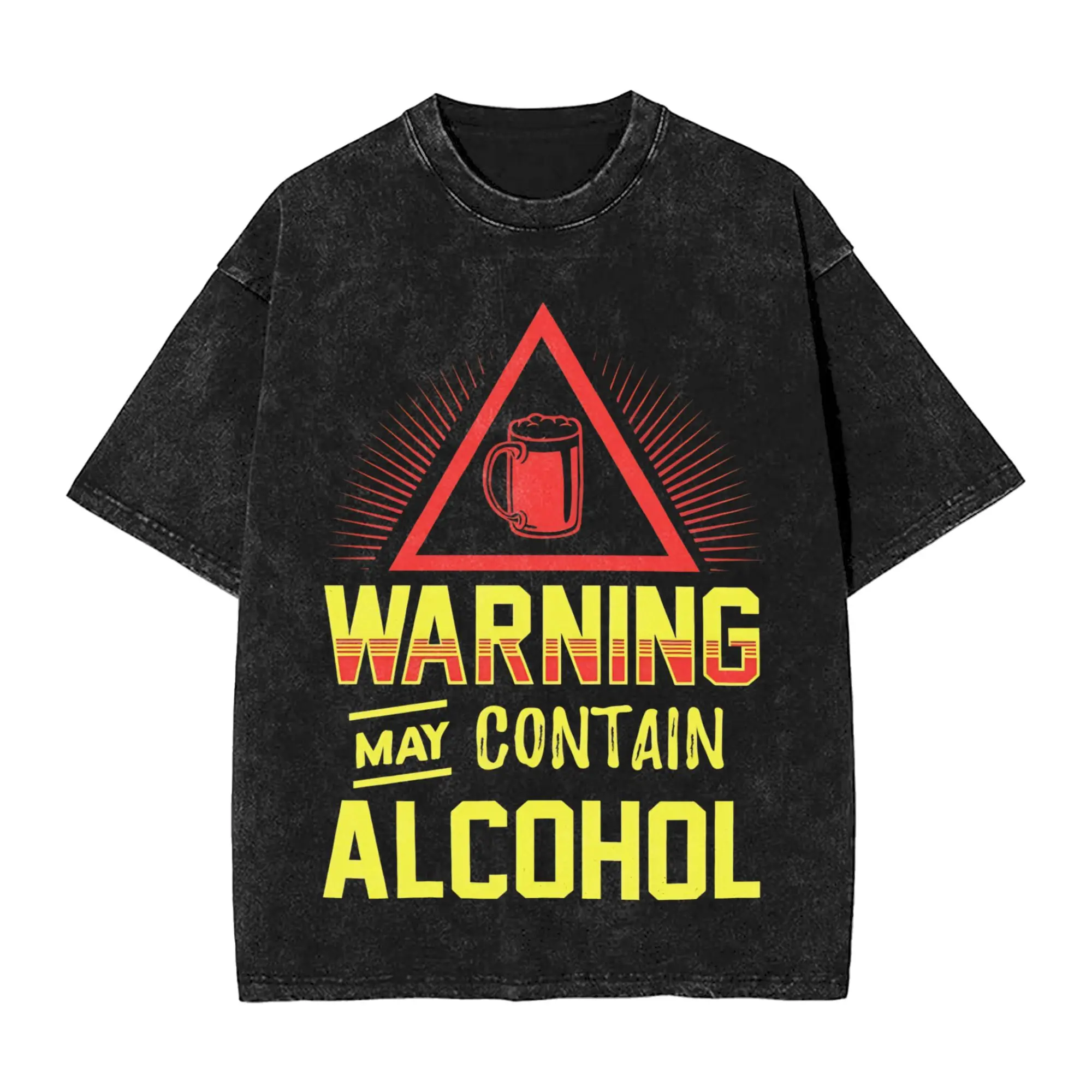 Harajuku Washed Shirts BEER GIFT- Warning May Contain Alcohol  Outfit Vintage T-Shirts Oversize  Streetwear 100% Cotton